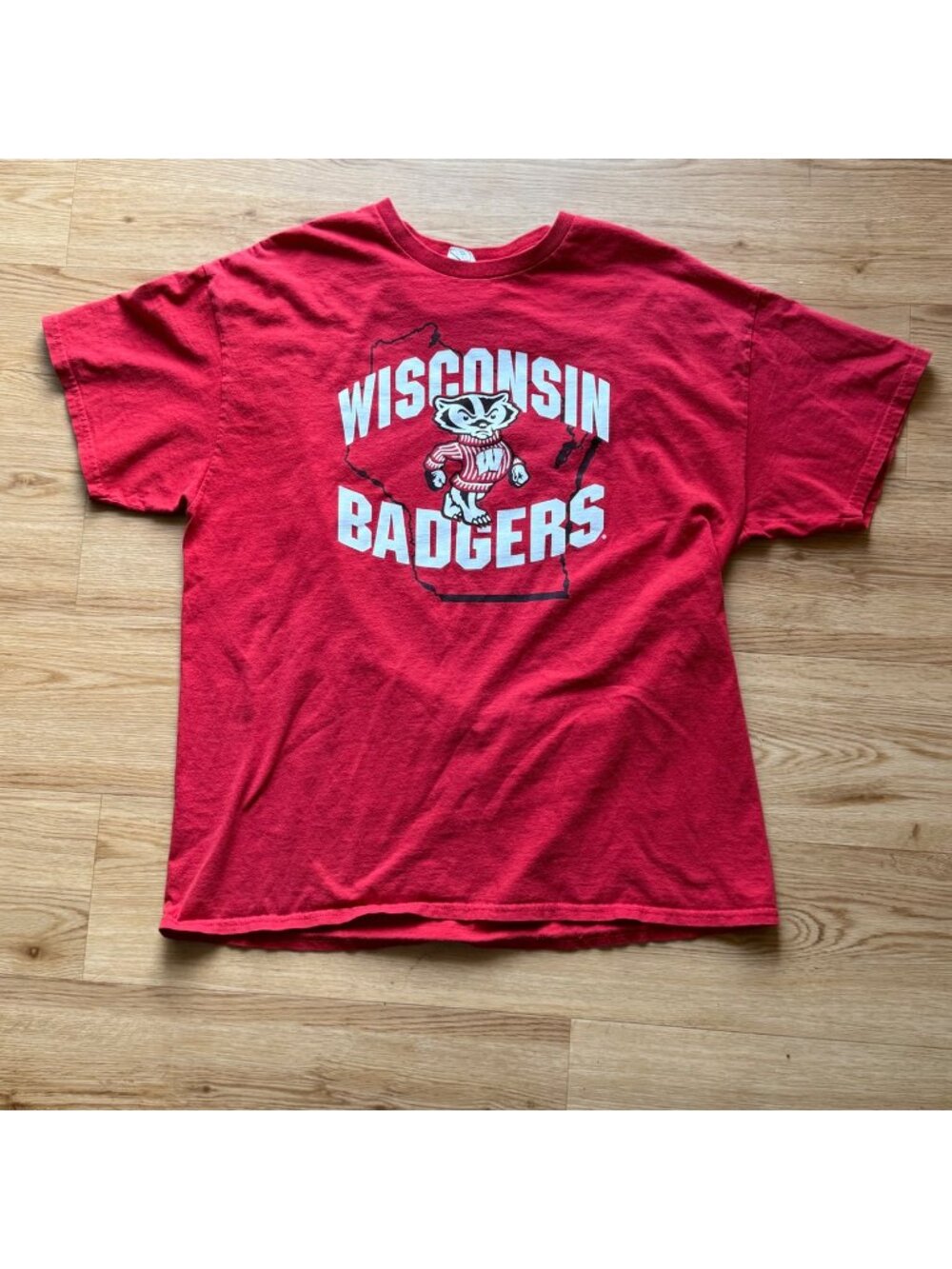 Vintage Wisconsin Badgers Red T-Shirt XL Gildan Heavy Cotton Bucky Mascot Print